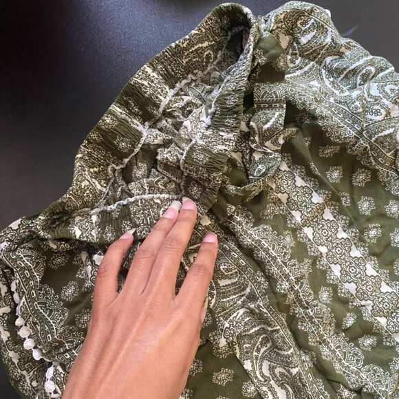 White Lotus Green and White Bohemian Print Tie Knot Elastic Pants with Pockets - Picture 6 of 13